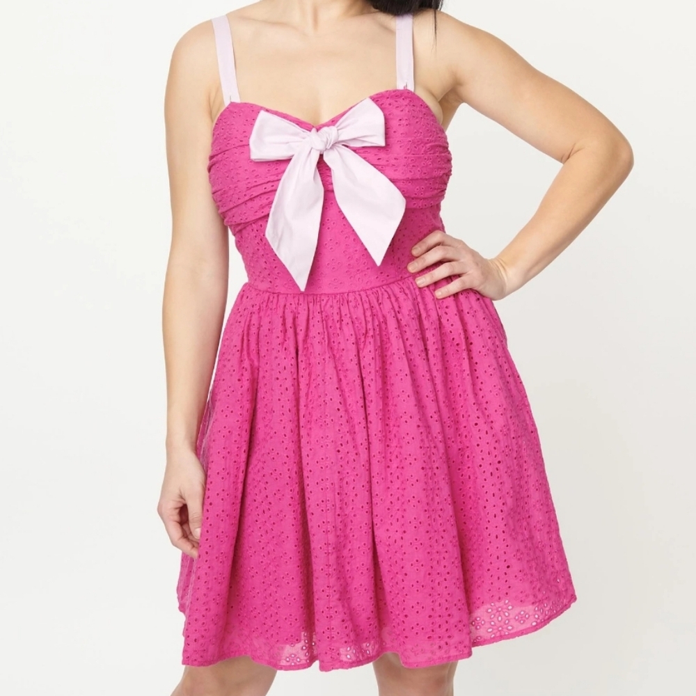 Unique Vintage Eyelet Pink Bow Dress